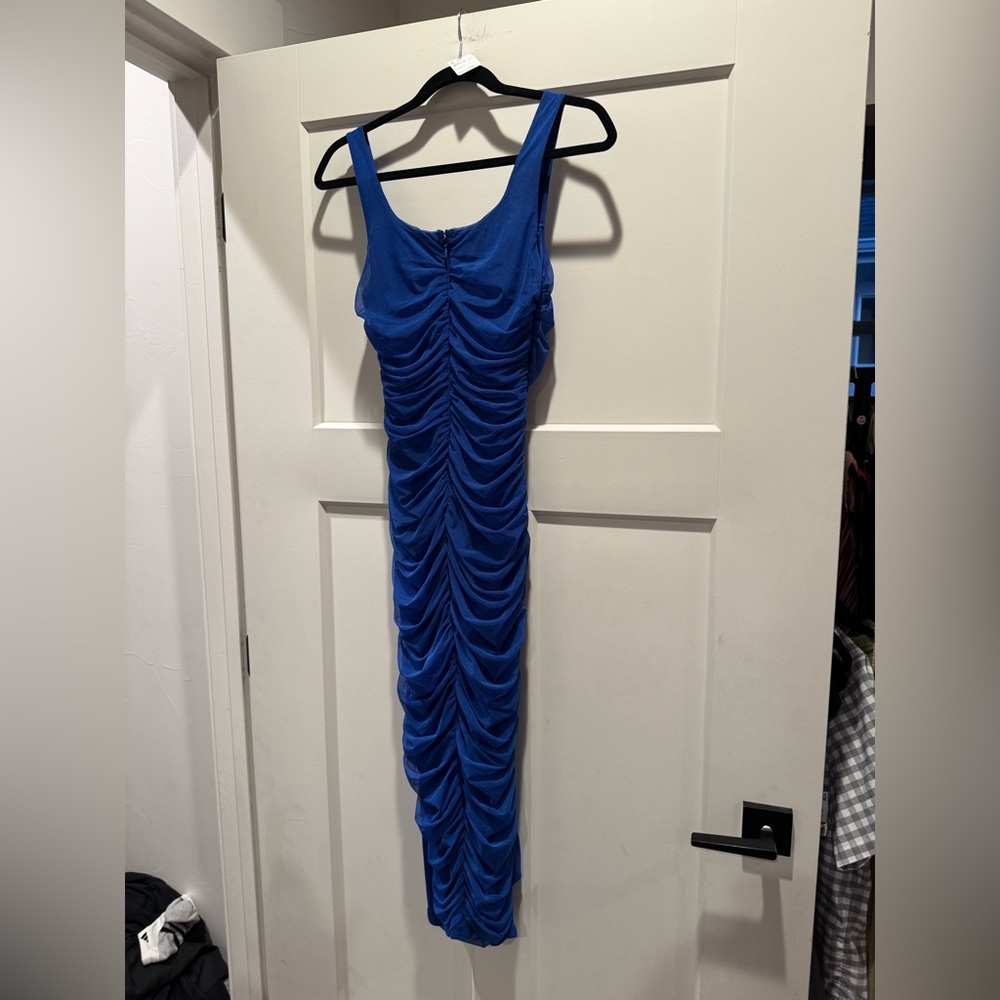 EUC Lulu's VIP Treatment Royal Blue Mesh Ruched Bodycon Midi Dress - Picture 6 of 10